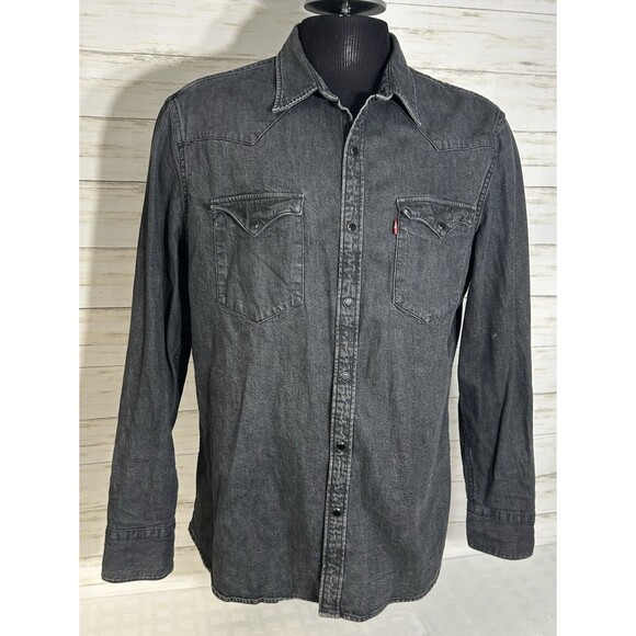 Levis Western Shirt Men XL SLIM Charcoal Black Gray Denim Pearl Snap Long Sleeve - Picture 1 of 15